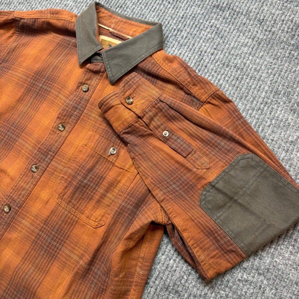 Outdoor Life Mens Medium Orange Plaid Flannel Shirt Elbow Patch Long Sleeve